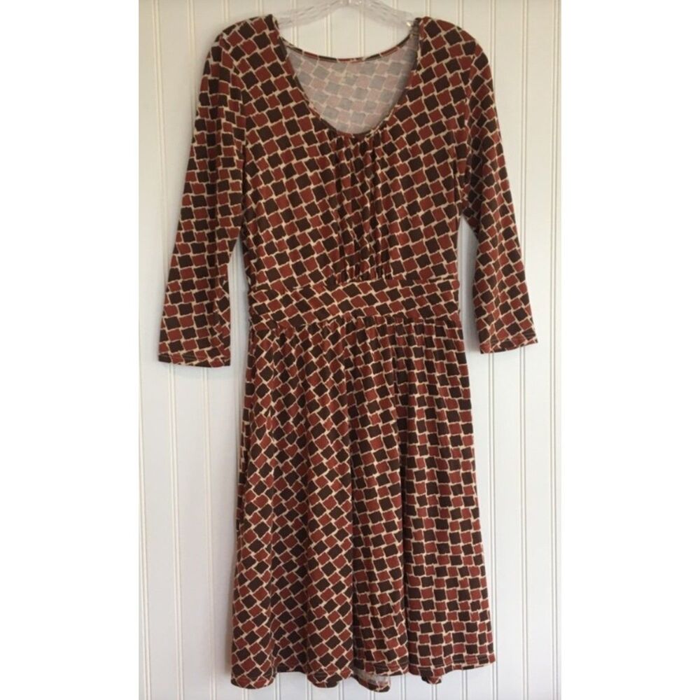 GARNET HILL Brown Squares Sz Large Business Casual Stretchy Scoop Neck Dress